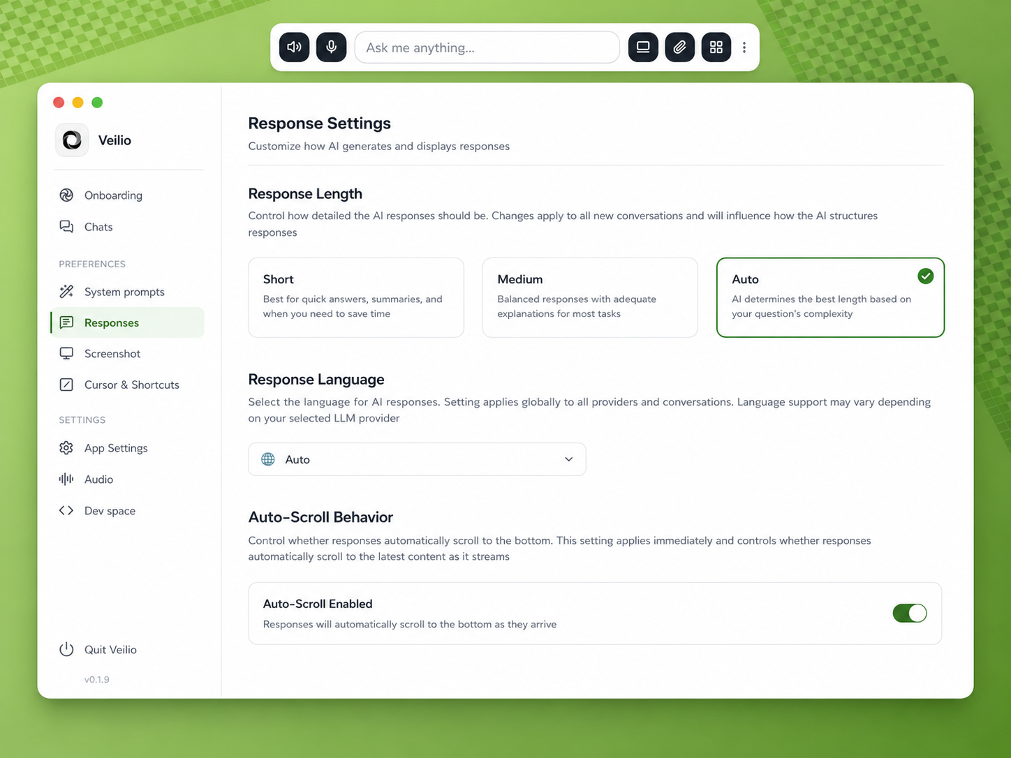 Veilio app showing toolbar and dashboard